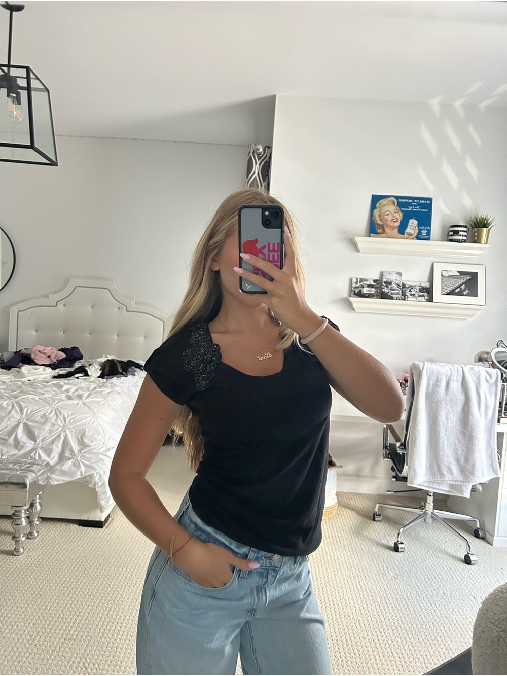 Zara Black Short-Sleeve Tee with Lace Shoulder Detail